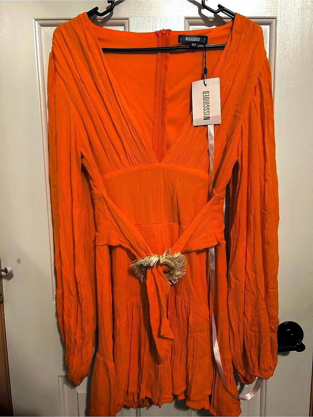 Missguided Balloon Slv Plunge Dress Crinkle Mini Orange Medium
